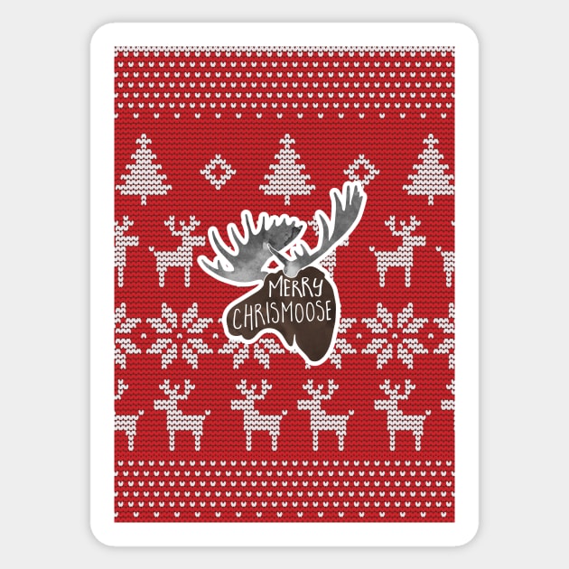 Merry ChrisMOOSE! A Christmas design of a moose atop a Christmas sweater background with a funny phrase Sticker by HiTechMomDotCom